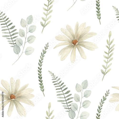 Watercolor seamless pattern with flowers and herbs. Hand drawn floral illustration on white background