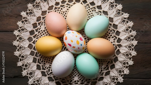 Traditional Easter Eggs beautifully arranged on a vintage lace doily
