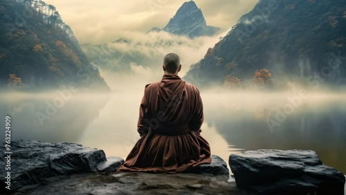 monks in meditation Tibetan monk from behind sitting on a rock near the water among misty mountains photo