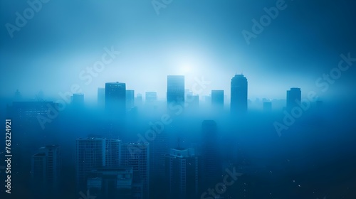 Urban skyline shrouded in mist. Concept Cityscape  Misty Atmosphere  Urban Landscape  Skyscrapers  City Sights
