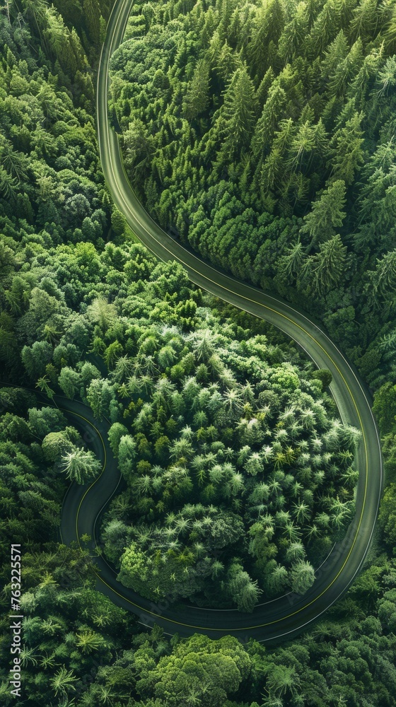 Winding road through a lush forest Winding road through a lush forest