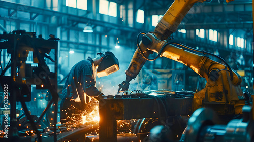 Robot Worker Welding Steel Pipe in Industrial Workshop