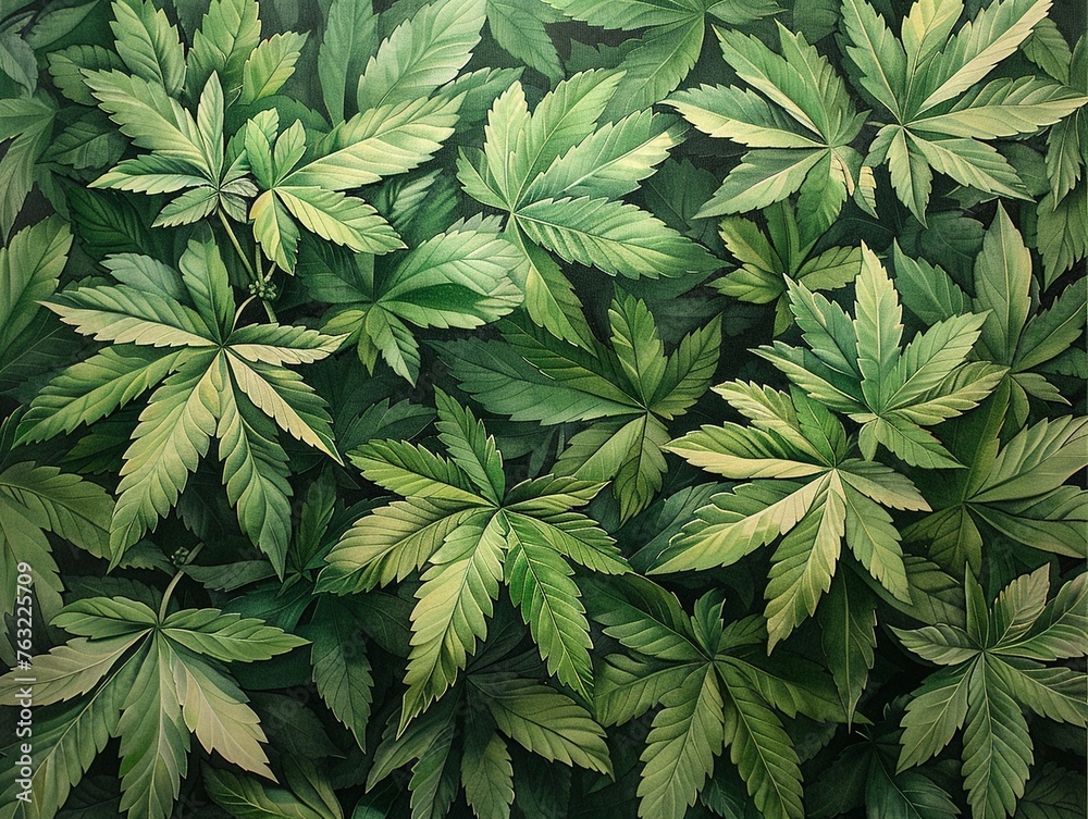 Drawings of weed leaves, green and lush, symbolizing growth