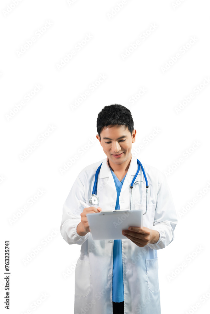 Man portrait of a doctor wearing a white coat and a stethoscope looking into the camera on a white isolated background Man portrait of a doctor wearing a white coat and a stethoscope looking into the camera on a white isolated background