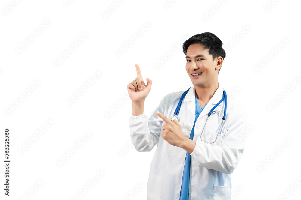 Man portrait of a doctor wearing a white coat and a stethoscope looking into the camera on a white isolated background Man portrait of a doctor wearing a white coat and a stethoscope looking into the camera on a white isolated background