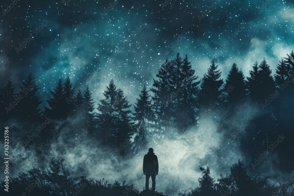 A mysterious silhouette standing in front of a misty forest under a starry night sky.