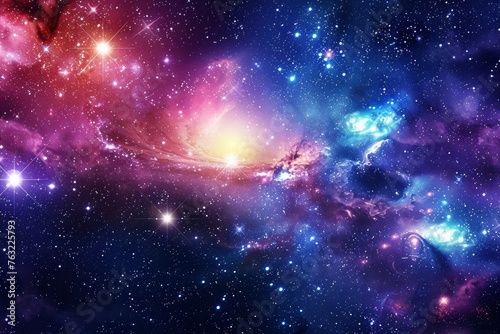 A serene galaxy scene with a multitude of bright stars and soft glowing nebulae. © furyon