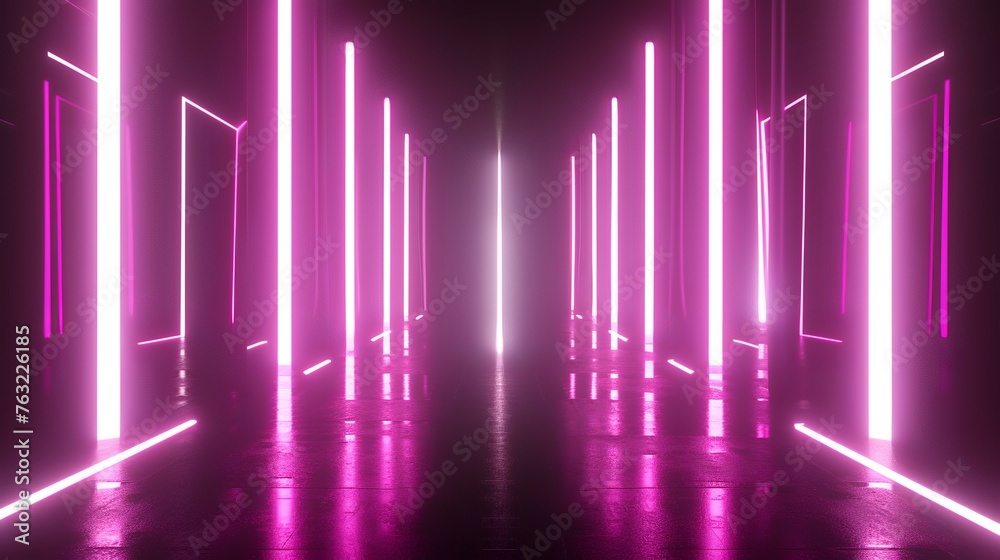 3D abstract background with neon lights. neon tunnel. space construction.