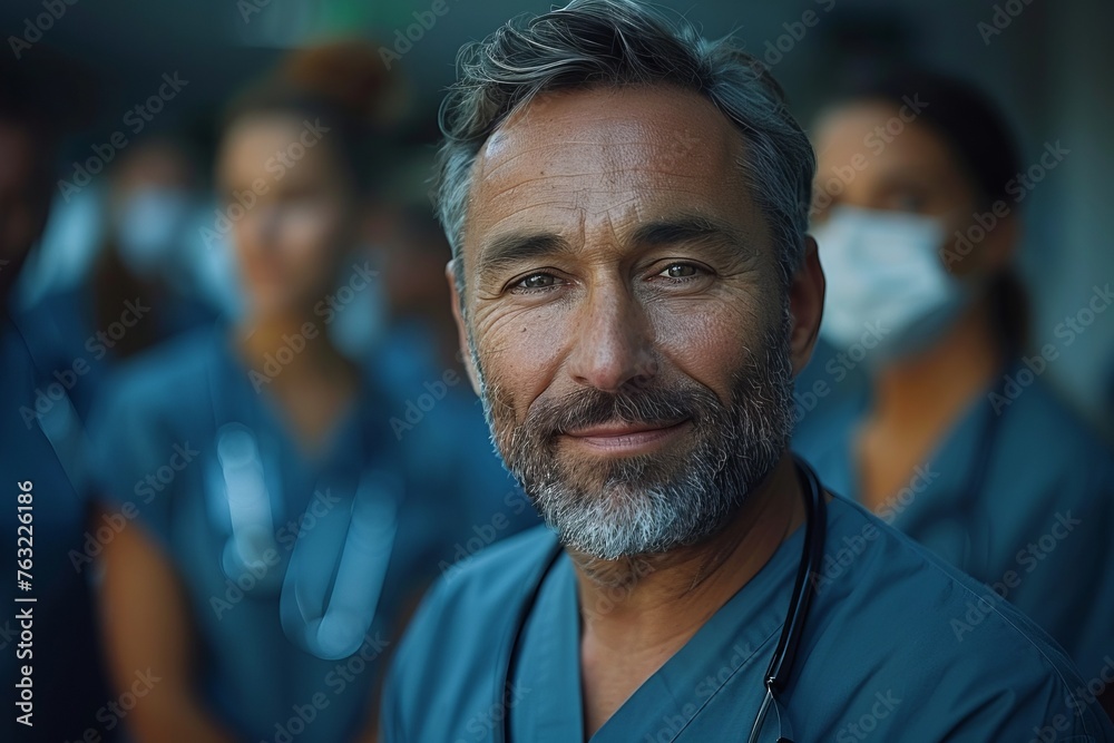 A portrait of a happy middle-aged male doctor in scrubs standing and smiling with his team behind him at the hospital, in a wide shot with soft light and natural colors A portrait of a happy middle-aged male doctor in scrubs standing and smiling with his team behind him at the hospital, in a wide shot with soft light and natural colors