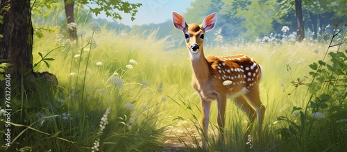 A deer is peacefully standing in a grassy field surrounded by the natural landscape of the woods, showcasing the beauty of a terrestrial animal in its habitat