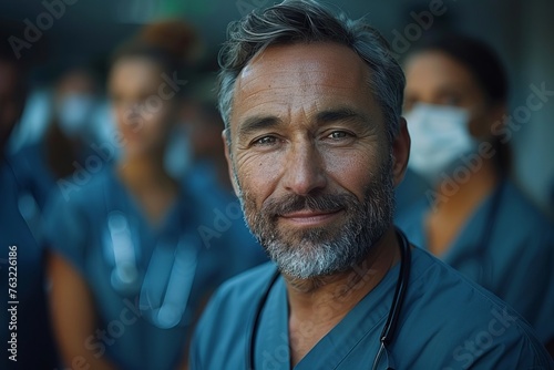 A portrait of a happy middle-aged male doctor in scrubs standing and smiling with his team behind him at the hospital, in a wide shot with soft light and natural colors