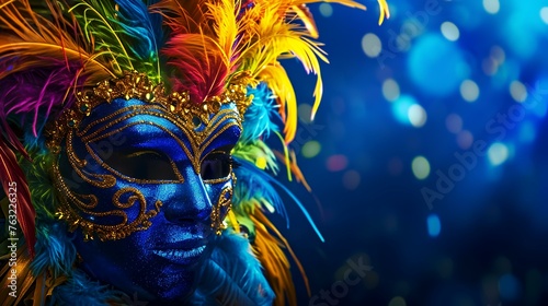 Beautiful woman with Venetian mask and feathers on dark background