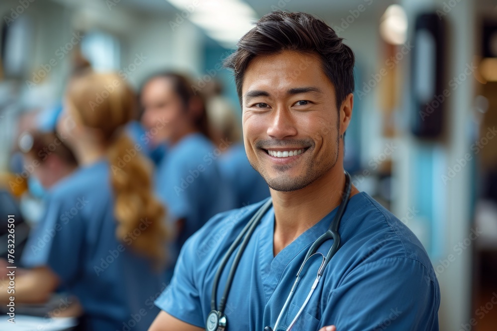 Fototapeta premium A portrait of a happy middle-aged male doctor in scrubs standing and smiling with his team behind him at the hospital, in a wide shot with soft light and natural colors