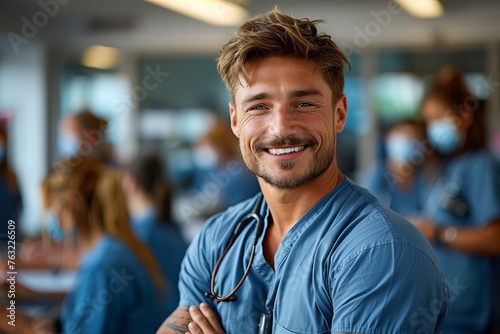 A portrait of a happy middle-aged male doctor in scrubs standing and smiling with his team behind him at the hospital, in a wide shot with soft light and natural colors photo