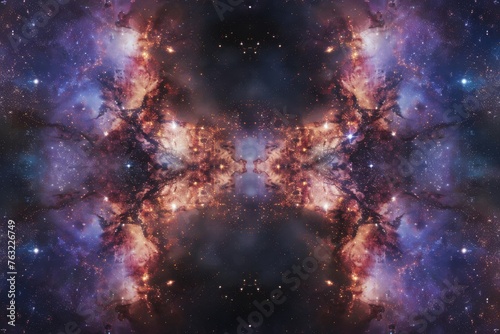 Reflective galaxy portrayal with mirror-like stars and nebulae creating symmetrical cosmic patterns. © furyon