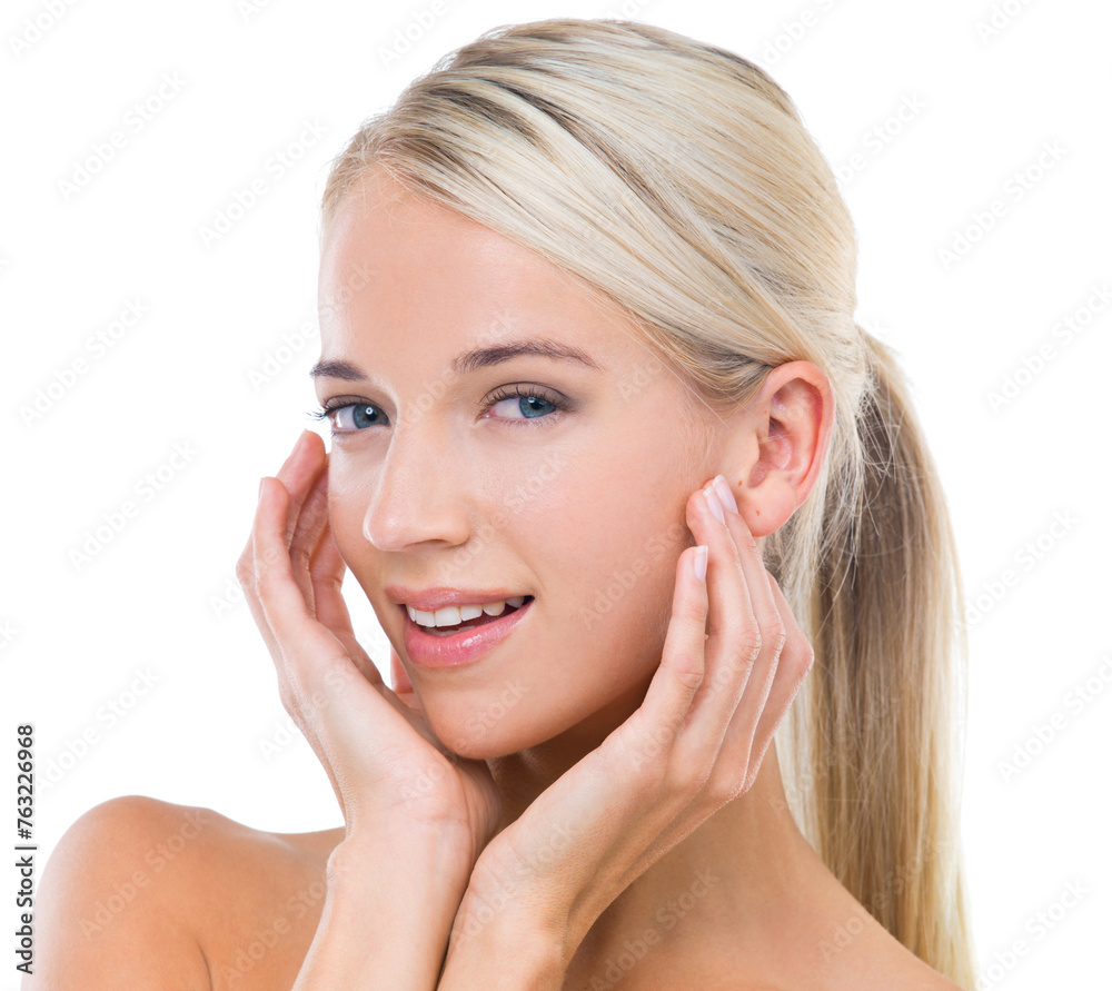 Smile, beauty and portrait of woman in studio with dermatology, glow and facial treatment. Happy, skincare and female model with health, wellness and face routine isolated by white background. Smile, beauty and portrait of woman in studio with dermatology, glow and facial treatment. Happy, skincare and female model with health, wellness and face routine isolated by white background.