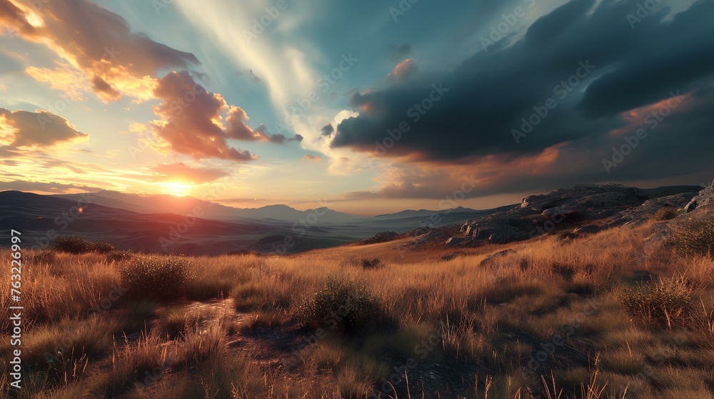 Sunset in the mountains. 3d render. Landscape. Sunset in the mountains. 3d render. Landscape.