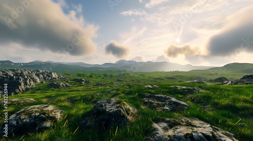 Panoramic view of green grassy meadow in the mountains.