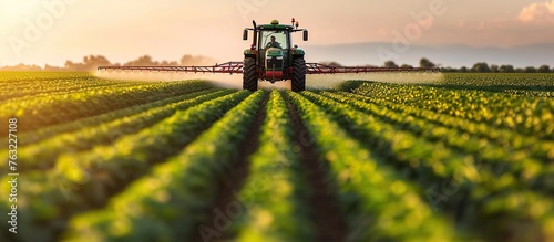 Soybean farmer is spraying pesticides on a soybean field using a tractor at sunset