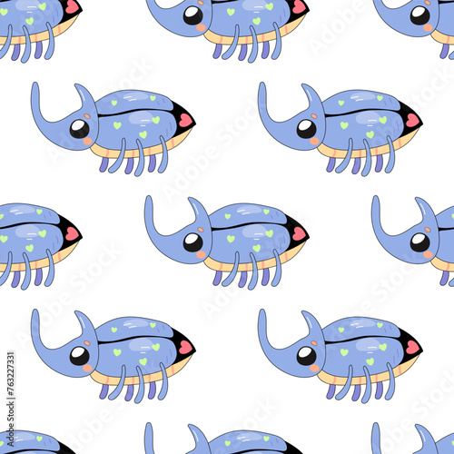 Seamless pattern, cute rhinoceros beetle, cartoon, baby. on white background for fabric, wrapping paper