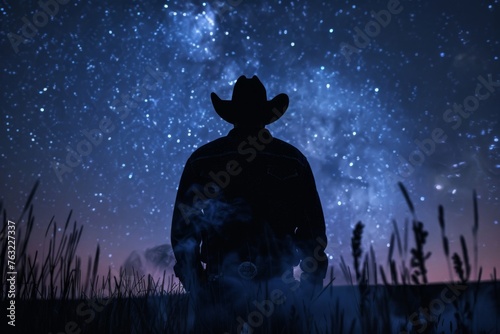 Silhouette of a lonesome cowboy with smoke trail under a starry night western spirit. photo