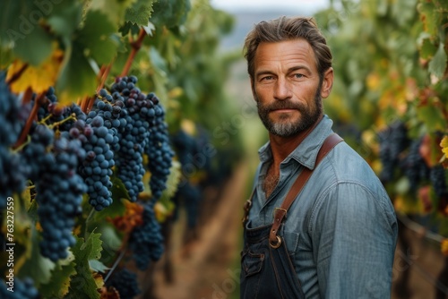 A winemaker is seen picking grapes from a lush green vine in a vineyard. photo