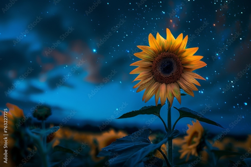 Silhouette of a sunflower with smoke petals under a starry night radiant growth. Silhouette of a sunflower with smoke petals under a starry night radiant growth.