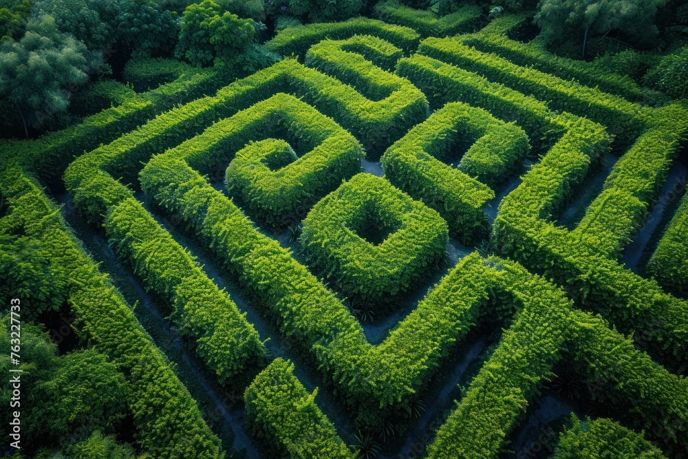Aerial shot of a lush green maze garden, symbolizing problem-solving or adventure, for games or educational apps advertising Aerial shot of a lush green maze garden, symbolizing problem-solving or adventure, for games or educational apps advertising
