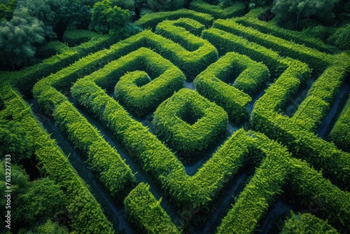 Aerial shot of a lush green maze garden, symbolizing problem-solving or adventure, for games or educational apps advertising