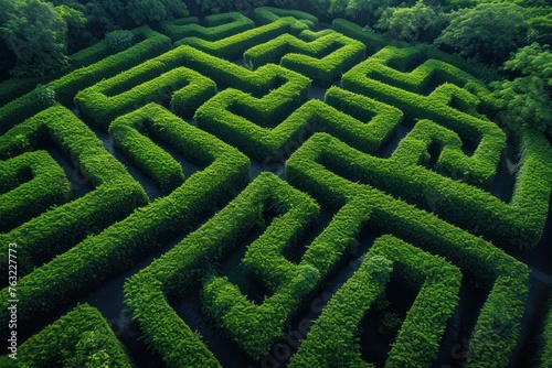 Aerial shot of a lush green maze garden, symbolizing problem-solving or adventure, for games or educational apps advertising