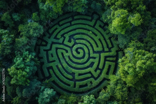 Aerial shot of a lush green maze garden, symbolizing problem-solving or adventure, for games or educational apps advertising photo