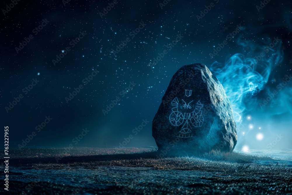 Silhouette of an ancient rune stone with smoke symbols under a starry night cryptic messages. - obrazy, fototapety, plakaty 