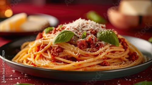 Authentic Italian Spaghetti Bolognese with Fresh Basil and Parmesan, a Comforting Culinary Delight