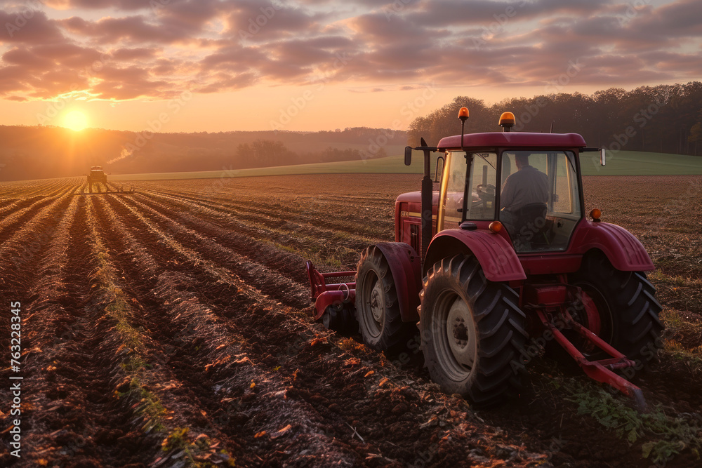 Fototapeta premium Diligent farmer plowing the field with a vintage tractor at sunrise