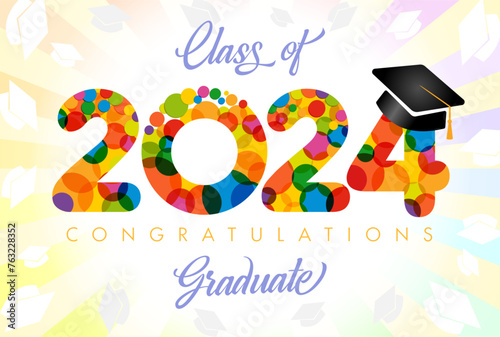 Class of 2024 graduating event cute decoration. School banner design. Colorful icon 2024 with graduation hat. Festive background. Isolated number with vector clipping mask. Class off congrats.
