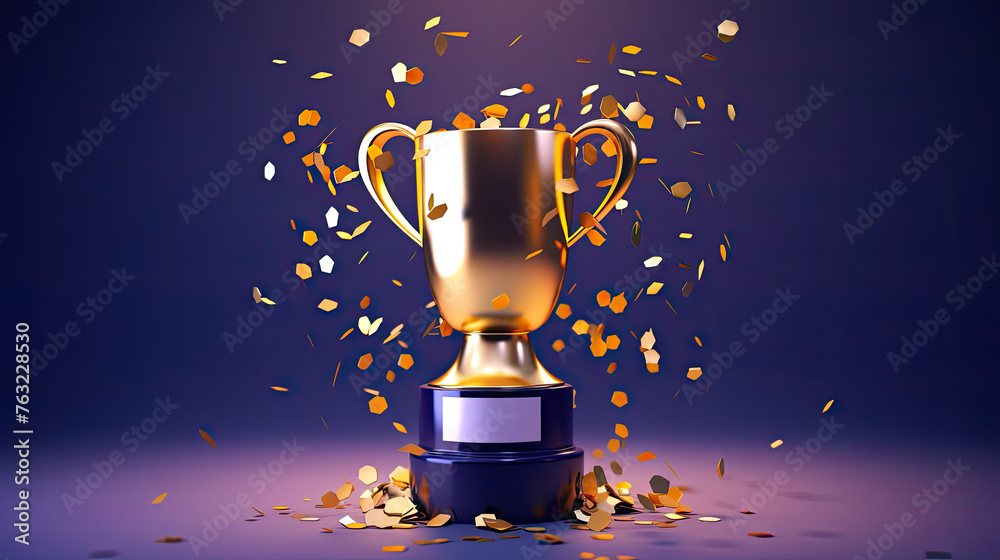 Gold first place winners trophy with confetti Gold first place winners trophy with confetti