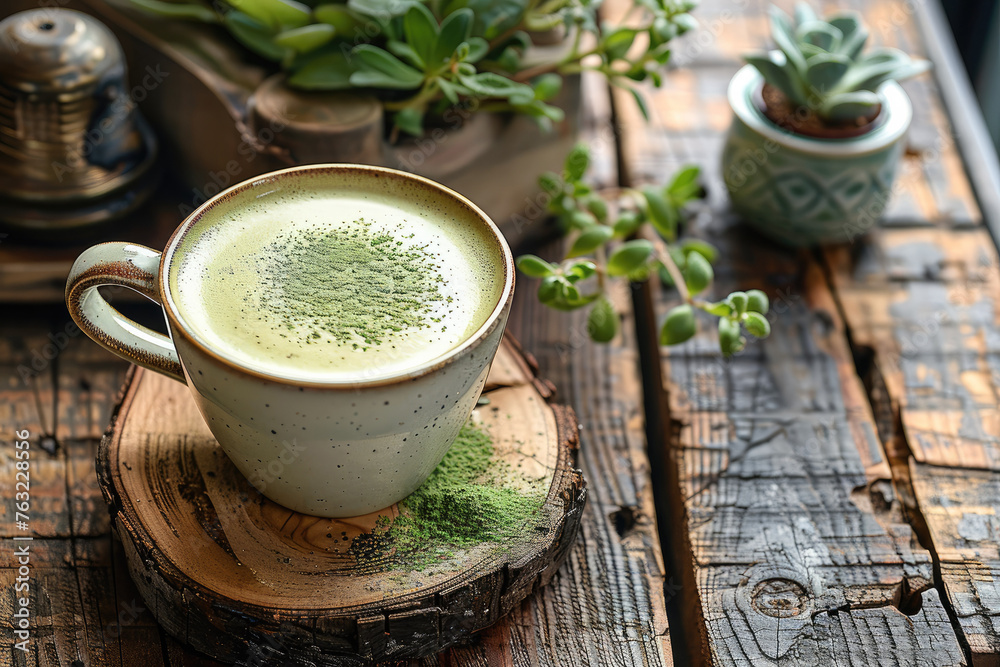 Matcha latte in a mug, Hot matcha latte on a rustic wooden table. Generative AI. Matcha latte in a mug, Hot matcha latte on a rustic wooden table. Generative AI.