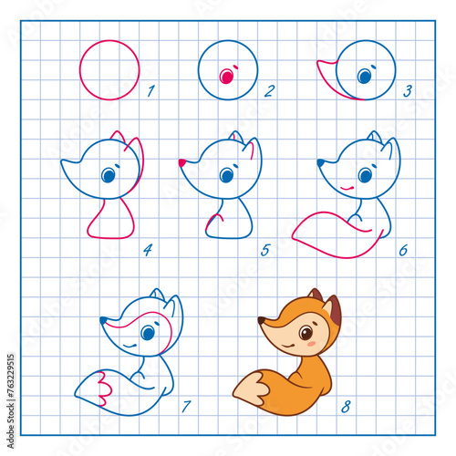 How to Draw Fox, Step by Step Lesson for Kids cartoon vector illustration