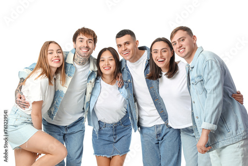 Group of stylish young people hugging on white background