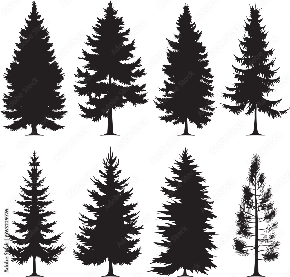 series black and white silhouette sets of a spruce tree, vector art, solid white background, icon black on white background, clean, simple