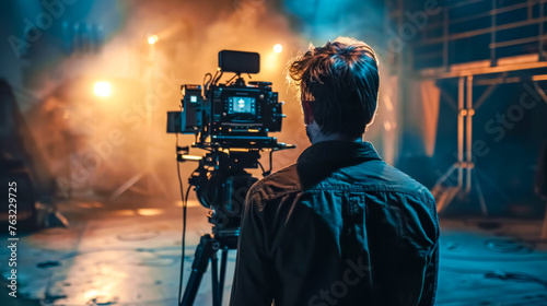 Cinematographer recording scene on movie set