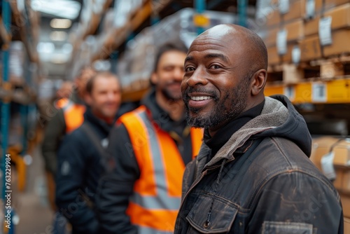 A group of happy and smiling warehouse workers are depicted in an industrial setting. They appear to be good friends with each other. Some of the men are balding, one is a black male, and another whit