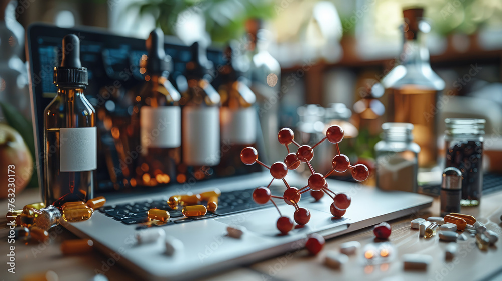 Pharmaceutical advances in drug development visualized through a molecular model on a laptop next to food-grade samples. Generative AI. Pharmaceutical advances in drug development visualized through a molecular model on a laptop next to food-grade samples. Generative AI.