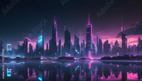 Sleek Futuristic City Skyline At Night With Neon Upscaled 3