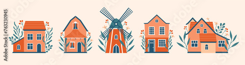 Cottagecore arhitecture. Big set of village buildings, houses, windmill. Slow life, vacation. Cute vector colorful buildings in hand drawn flat style. With botany elements, flowers, plants, berries.  © renberrry