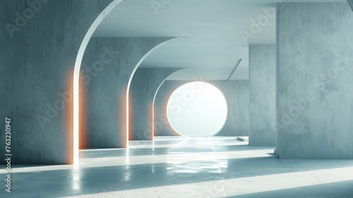 Futuristic minimalist interior with arches and circular light