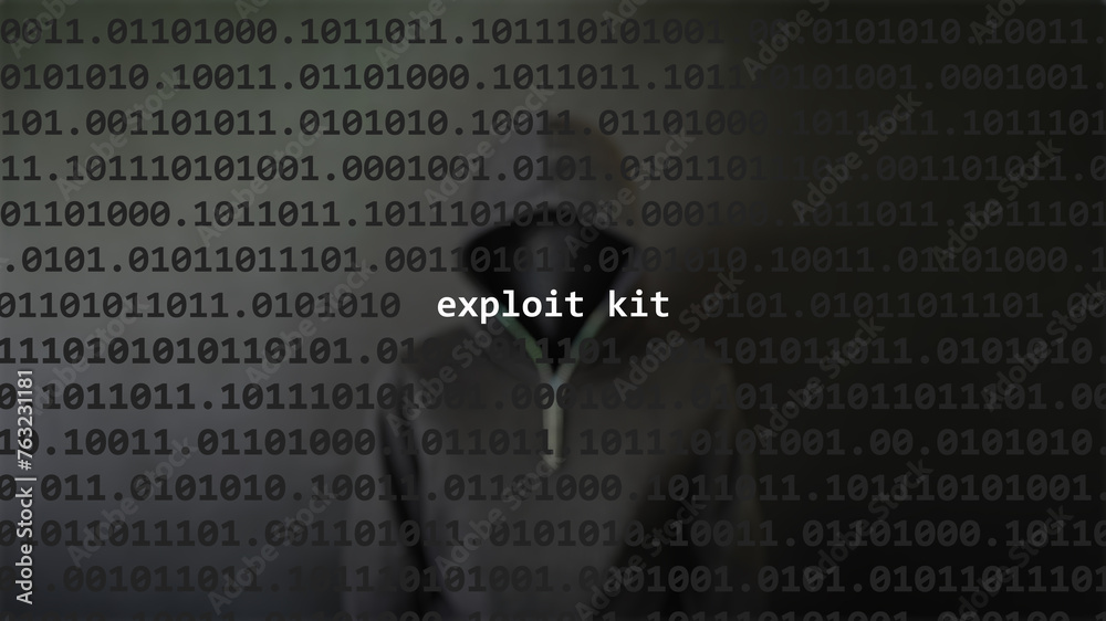 Cyber attack exploit kit text in foreground screen, anonymous hacker hidden with hoodie in the blurred background. Vulnerability text in binary system code on editor program. - obrazy, fototapety, plakaty 