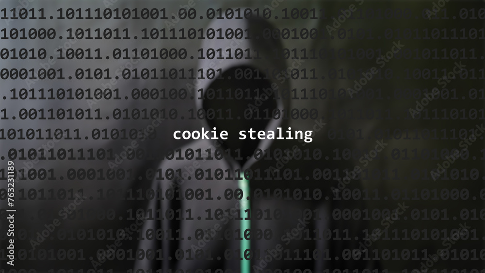 Cyber attack cookie stealing text in foreground screen, anonymous hacker hidden with hoodie in the blurred background. Vulnerability text in binary system code on editor program. - obrazy, fototapety, plakaty 