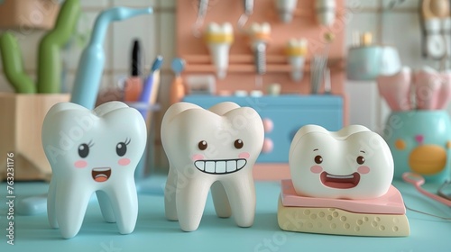Smiling cartoon teeth characters in a dental office setting displaying dental equipment and tools for oral healthcare and dentistry treatment