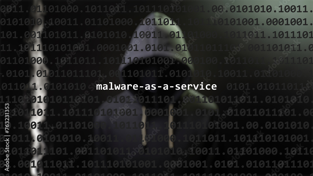 Cyber attack malware-as-a-service text in foreground screen, anonymous hacker hidden with hoodie in the blurred background. Vulnerability text in binary system code on editor program. - obrazy, fototapety, plakaty 
